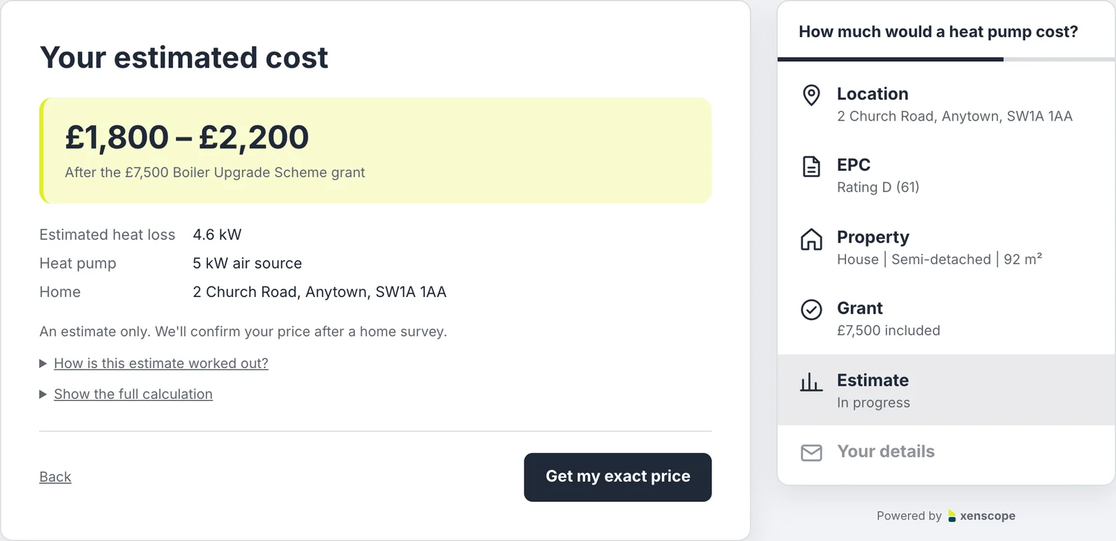 The Full width calculator's estimate with heat loss and heat pump size