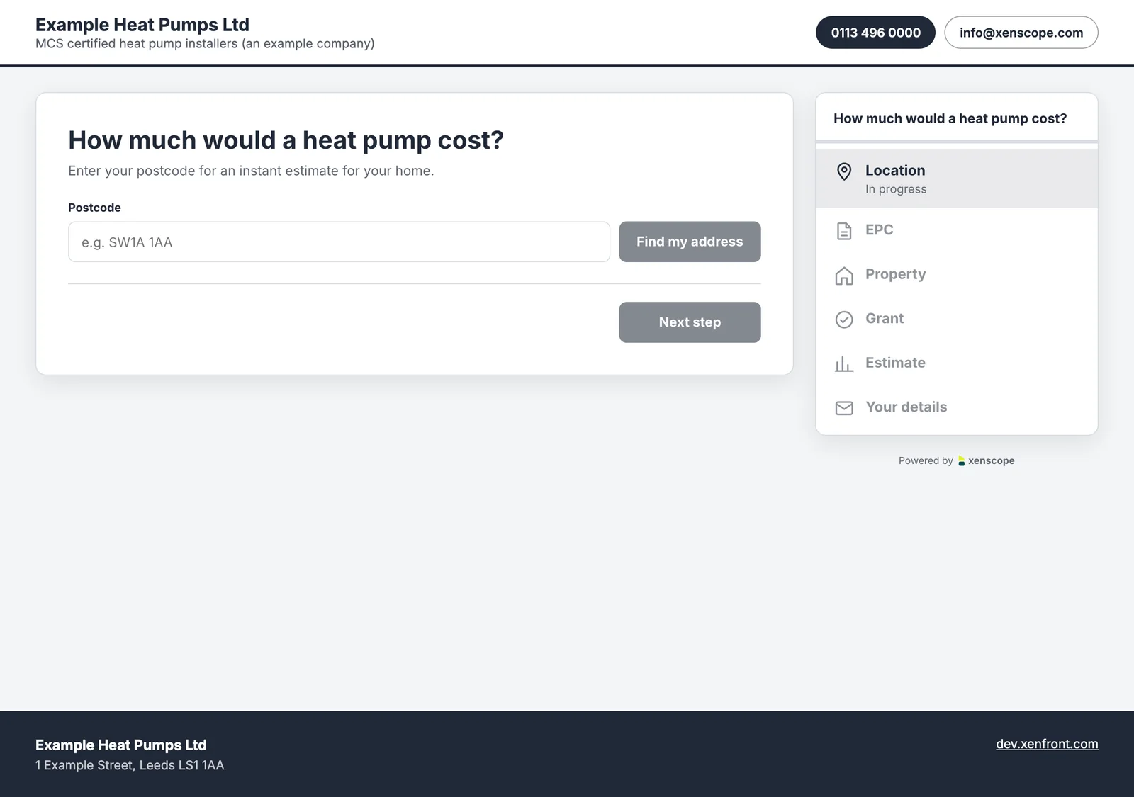 A hosted quote page on a computer, with the company's header and footer